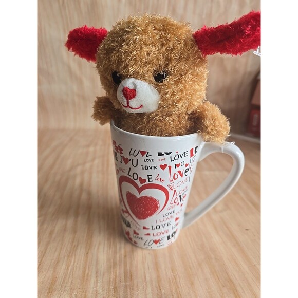 Valentines Day Plush In A Latte Mug LOVE HEARTS CERAMIC -SMALL PLUSH BEAR - Picture 2 of 13